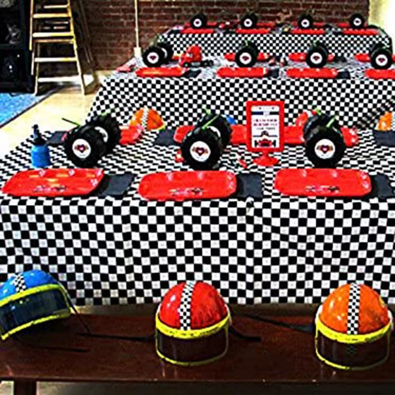 1Set 137X274Cm Black White Tablecloths Racing Car Motorcycle Theme Party Dispossible Plastic Tablecover Birthday Party Supplies