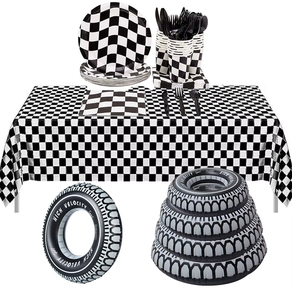 1Set 137X274Cm Black White Tablecloths Racing Car Motorcycle Theme Party Dispossible Plastic Tablecover Birthday Party Supplies