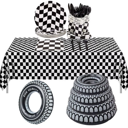 1Set 137X274Cm Black White Tablecloths Racing Car Motorcycle Theme Party Dispossible Plastic Tablecover Birthday Party Supplies