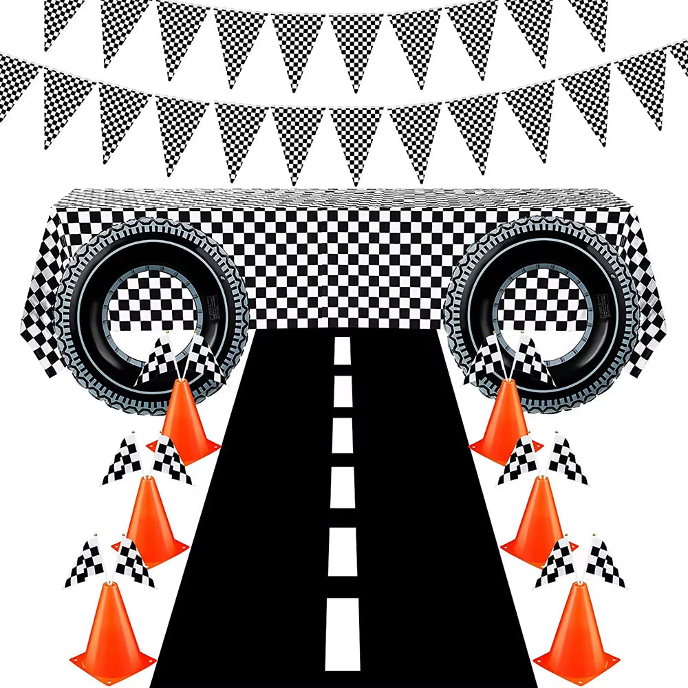 1Set 137X274Cm Black White Tablecloths Racing Car Motorcycle Theme Party Dispossible Plastic Tablecover Birthday Party Supplies
