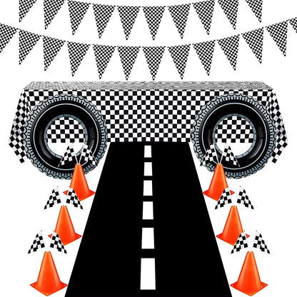 1Set 137X274Cm Black White Tablecloths Racing Car Motorcycle Theme Party Dispossible Plastic Tablecover Birthday Party Supplies
