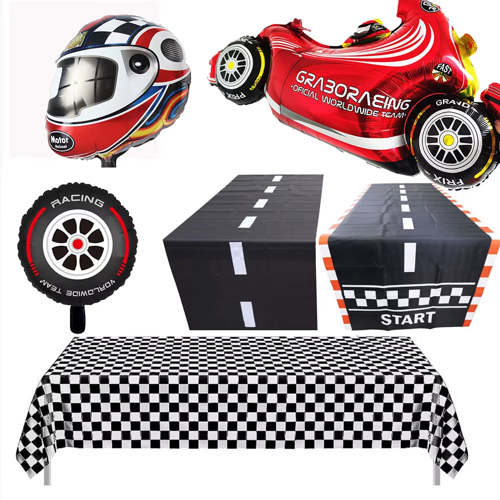 1Set 137X274Cm Black White Tablecloths Racing Car Motorcycle Theme Party Dispossible Plastic Tablecover Birthday Party Supplies