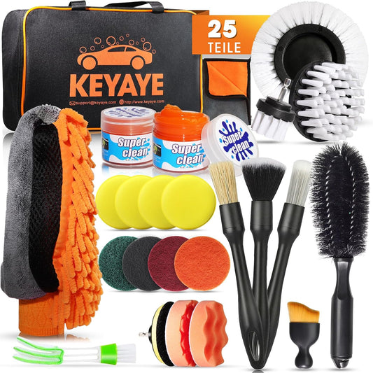 Car Cleaning Set, 25 Pieces Car Care Set, Car Wash Set, Car Cleaning Set with Detailing Brush for Car Cleaning Interior and Exterior, Air Vent, Engine, Wheels, Household Cleaning