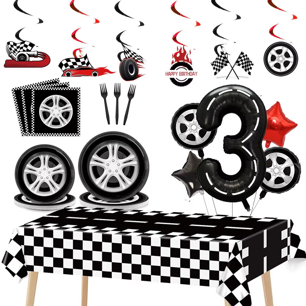 Car Wheel Theme Birthday Party Plate Napkin Balloons Checkered Race Car Themed Party 3TH 4TH 5TH Birthday Party Supplies