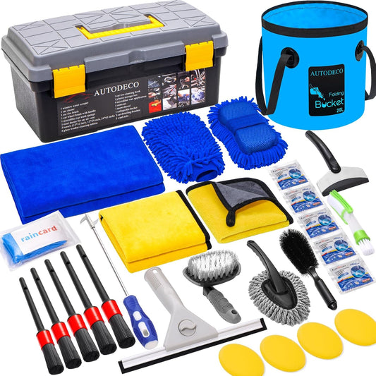 30Pcs Car Wash Cleaning Kit - Car Care Wash Tools Set Car Detailing Set with Collapsible Bucket Snow Shovel